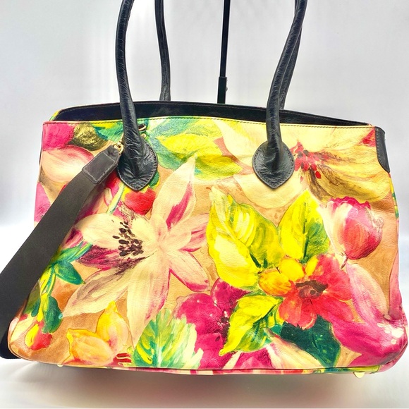 MAURIZIO TAIUTI FLORAL PAINTING MURAL LEATHER ITALY LARGE SHOULDER TOTE HAND BAG - Picture 2 of 7